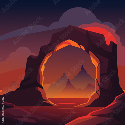 craggy volcanic arch glowing at twilight .eps