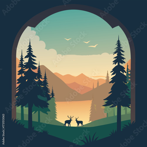 forest arch surrounded by deer grazing  (1).eps