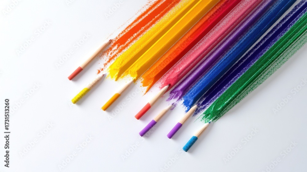 Fototapeta premium Top view of rainbow chalks creating a diagonal pattern on a smooth white background