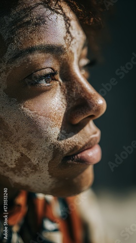 Young adult cisgender woman with dark skin and curly hair wears patterned clothing with sand on her face in a close-up portrait photography style
