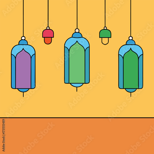 four lanterns hanging in a courtyard with colorful (1).eps
