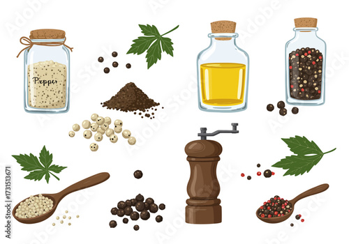 A collection of pepperrelated items including peppercorns a grinder and oil