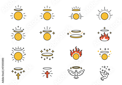 A grid of 16 religiousspiritual icons with halos flames crosses and doves