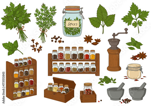 A colorful assortment of various spices herbs jars and cooking tools