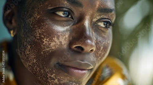 Dark skin adult cisgender woman with textured facial mask looks away thoughtfully with soft lighting in a natural outdoor setting