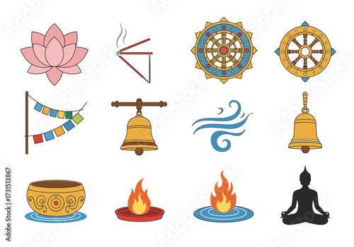 A grid of twelve Buddhist symbols each unique