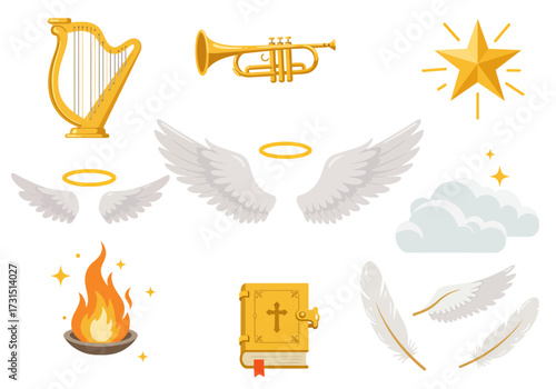 Angelicthemed clipart with harp trumpet wings halo star fire Bible clouds and feathers