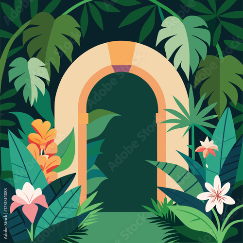 hidden arch surrounded by jungle orchids .eps