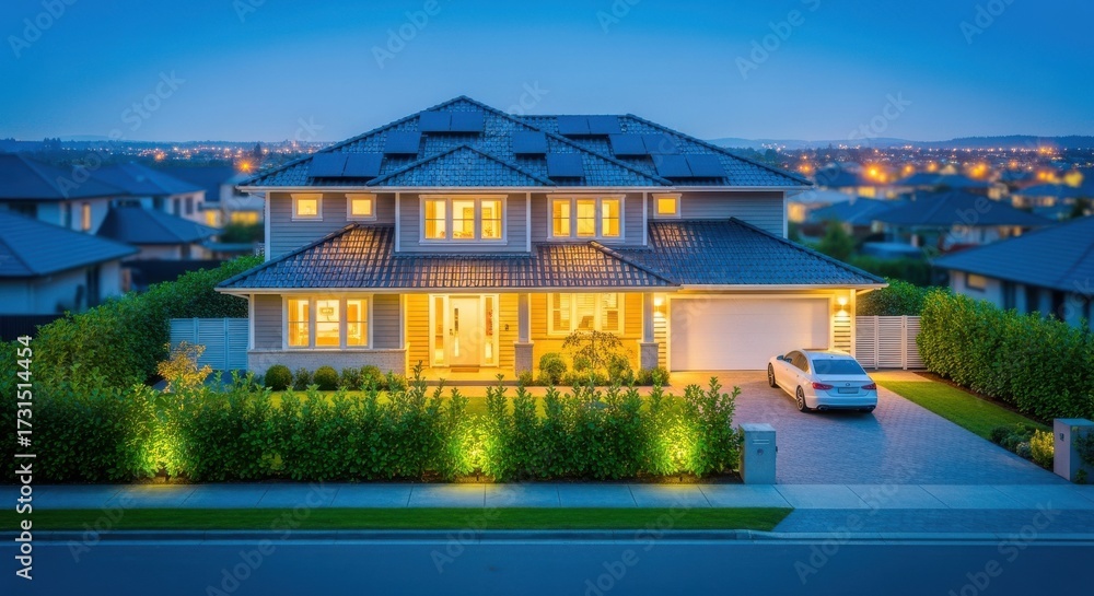 Naklejka premium Modern Suburban Home at Dusk with Solar Panels and Car