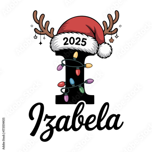 Festive christmas 2025 santa hat with reindeer antlers and colorful string lights isolated on transparent background