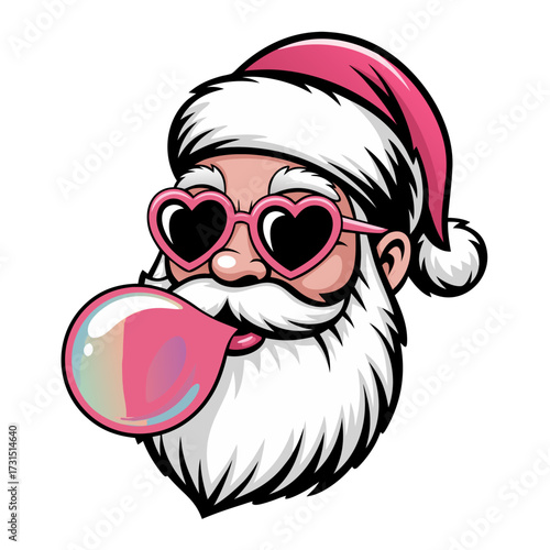 Cool santa claus wearing pink heart shaped sunglasses and blowing a pink bubblegum bubble isolated on transparent background
