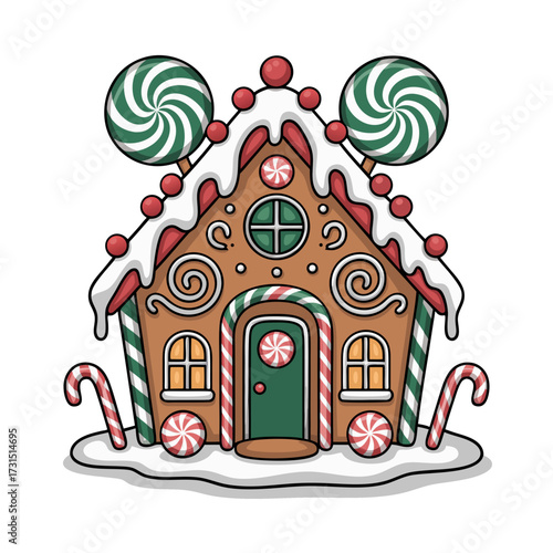 Whimsical christmas gingerbread house decorated with icing candy canes and lollipops isolated on transparent background