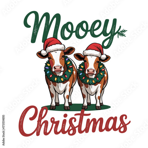 Two cute cows wearing santa hats and christmas light necklaces wishing a mooey christmas isolated on transparent background