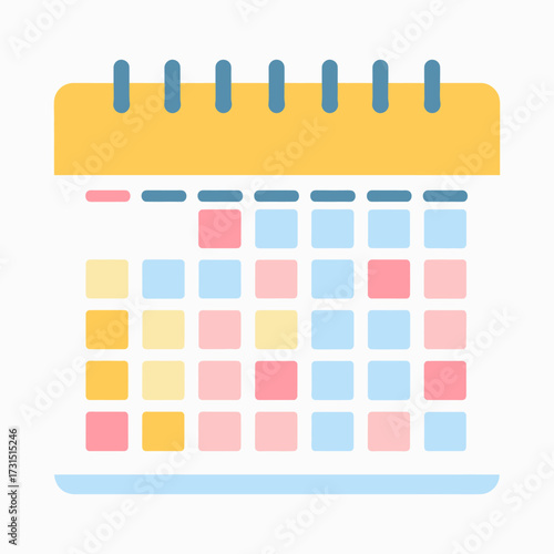 A simple flat vector illustration of a calendar icon in pastel colors, representing a schedule, planner, or timetable, isolated on a white background