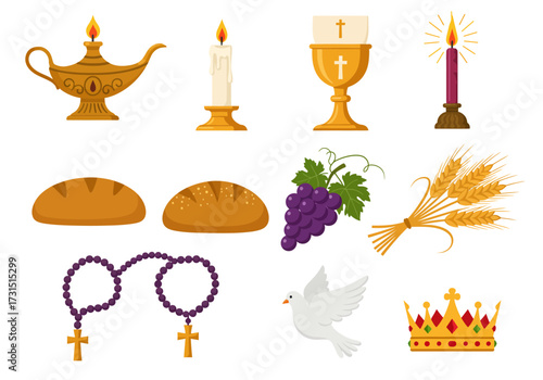 Catholic symbols chalice rosary bread grapes wheat dove crown candles oil lamp on a white background