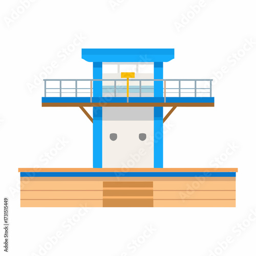 A detailed vector illustration of a multi-level swimming pool diving tower, featuring a platform and railings. Flat design style sports equipment isolated on a white background