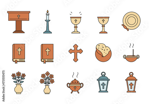 Christian iconography altar candle chalices paten Bibles cross incense flowers and lanterns arranged in a neat grid