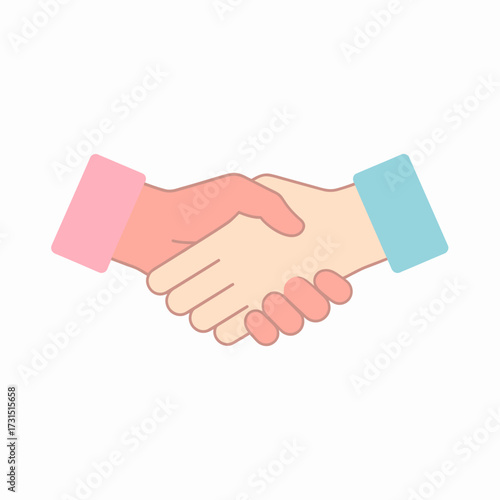 A gentle handshake illustrated in a minimalist flat vector style with soft pastel colors, symbolizing unity, peace, and mutual agreement on a clean white background