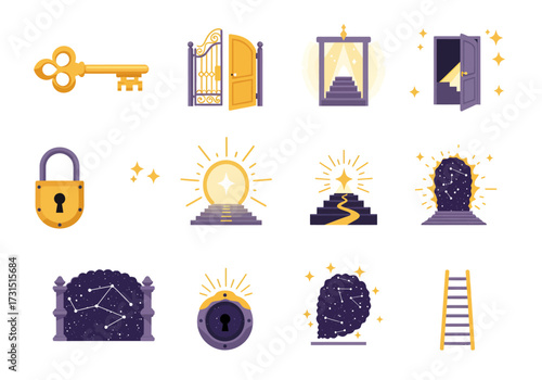 Collection of goldtoned keys locks gates stairs and ladder icons