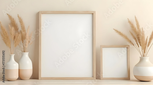 Minimalist Decor with Empty White Frames and Pampas Grass in Vases