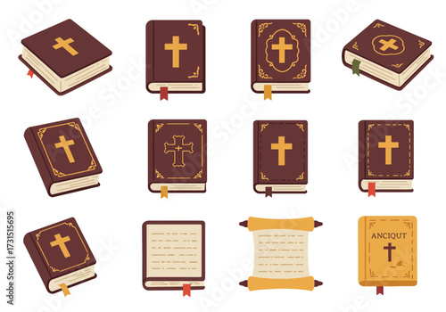 Collection of 12 illustrations of old books scrolls and religious texts varying in design and color