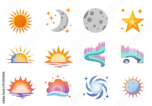 Collection of spacethemed icons including suns moons stars auroras and a vortex