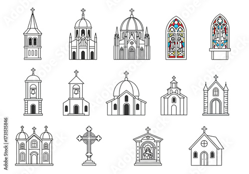 Collection of outlined architectural drawings of churches and related religious symbols