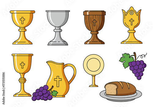 Communion elements chalices pitcher host grapes bread on a plate