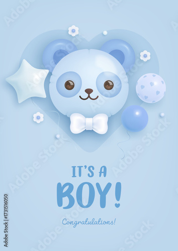Baby shower greeting card or invitation with cartoon 3d panda, helium balloons and flowers on blue background. It's a boy. Vector illustration