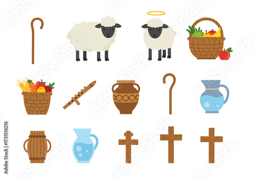 Depicts various symbols like sheep crosses baskets and jugs