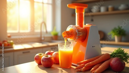 Fresh Carrot and Apple Juice Pouring into Glass : Healthy Living.