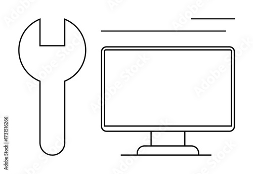 Black outline of a desktop monitor accompanied by a wrench. Ideal for tech support, digital tools, system update, troubleshooting, IT services, software repair, simple flat metaphor