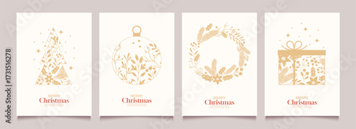 Abstract Christmas template backgrounds with minimalist winter plants, berries, branches and geometric shapes. Modern set of greeting cards, posters with vintage gold decorations. Vector illustration.