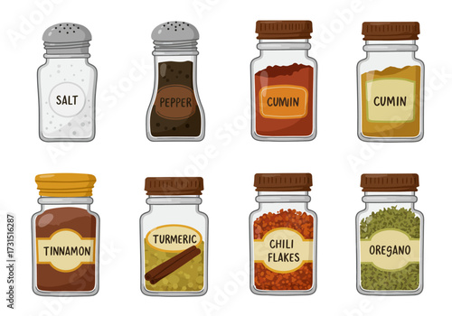 Eight spice containers salt pepper cumin 2 jars cinnamon turmeric chili flakes and oregano arranged in two rows