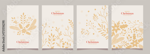 Abstract Christmas template backgrounds with minimalist winter plants, berries, branches and foliage. Modern set of greeting cards, posters with vintage gold decorations. Vector illustration.