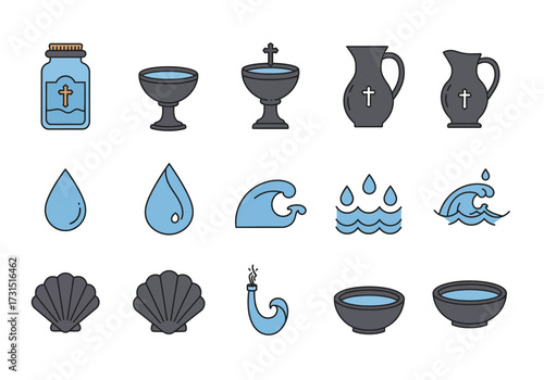 Icons depict Christian baptism symbols water droplets shells font and containers with crosses