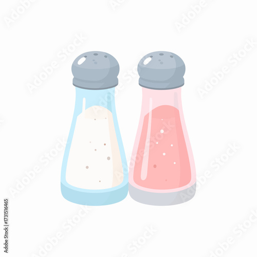 A pair of salt and pepper shakers depicted in a cute, flat cartoon style. This simple vector illustration of a seasoning set is isolated on a white background