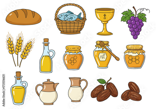 Illustration of a variety of foods including bread fish grapes and honey plus oil and milk containers wheat and a chalice