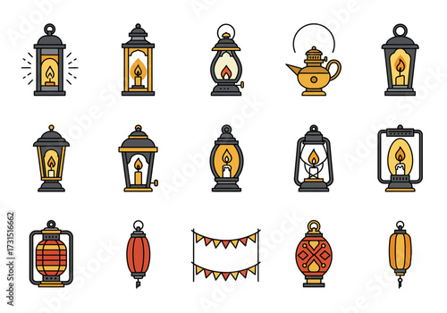 Illustration of fifteen assorted lanterns and a flag banner on a white background
