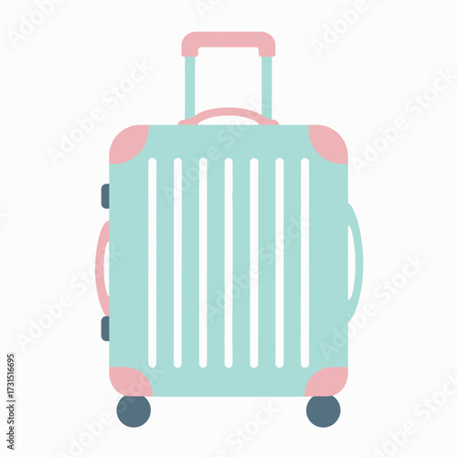 A pastel mint and pink travel suitcase on wheels, presented as a flat vector illustration isolated on a white background