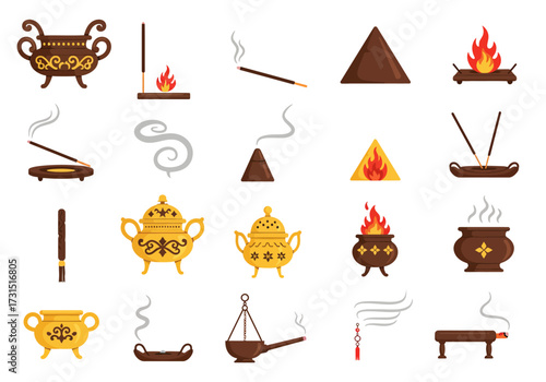 Incense icons array various holders sticks burning with smoke and flames