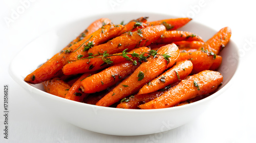 Honey Glazed Baby Carrots with Thyme in a White Serving Bowl for Healthy Side Dish