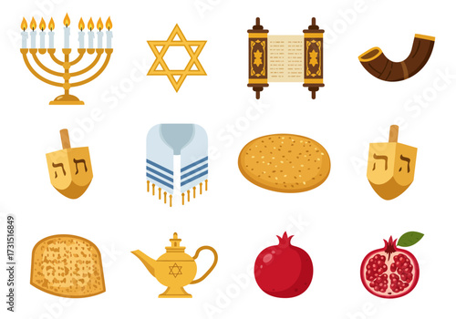 Jewish symbols menorah Star of David Torah scroll shofar dreidels tallit challah oil lamp and pomegranates