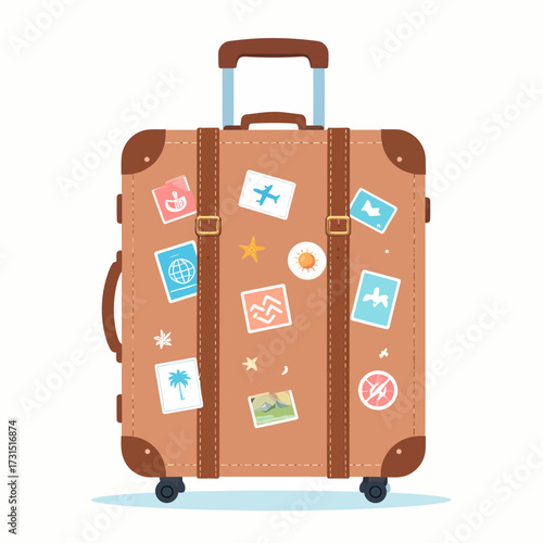 Vector illustration of a vintage travel suitcase with various tourism stickers, flat style, isolated on a white background
