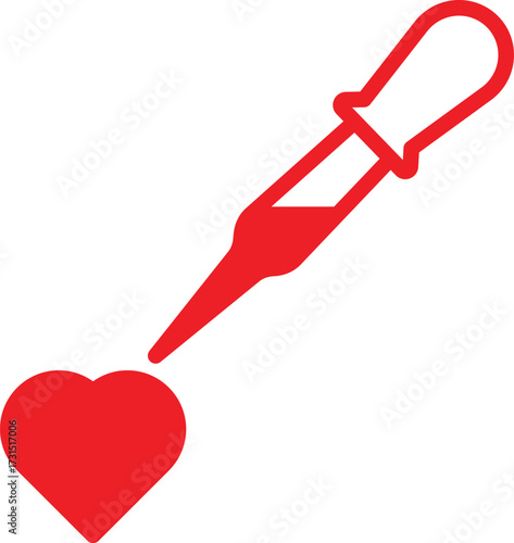 Red pipette or dropper administering a drop of liquid onto a heart symbol. Concept of love dose, medical treatment for the heart, science of romance, or a love potion.