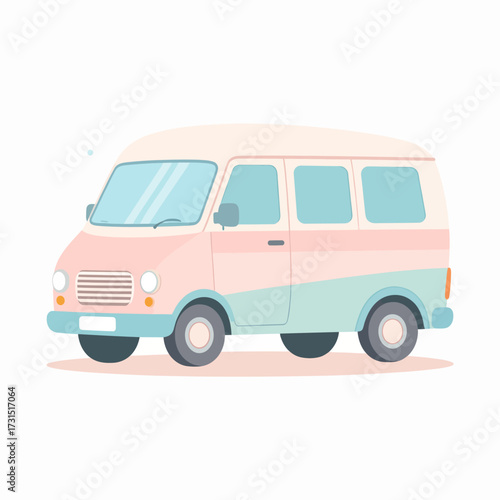 Pastel vector illustration of a vintage camper van in a flat style, centered and isolated on a white background for travel concepts