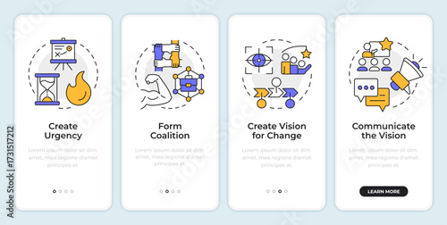 Kotter change management model onboarding mobile app screen. Corporate. Walkthrough 4 steps editable graphic instructions with linear concepts. UI, UX, GUI. Montserrat SemiBold, Regular fonts used