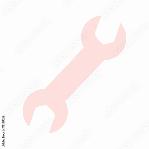 A minimalist vector illustration of a pastel pink wrench. This flat style spanner tool icon is isolated on a white background for design and creative projects