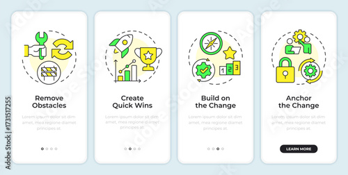 Wallpaper Mural Kotter change management model onboarding mobile app screen. Organization. Walkthrough 4 steps editable graphic instructions with linear concepts. UI, UX, GUI. Montserrat SemiBold, Regular fonts used Torontodigital.ca