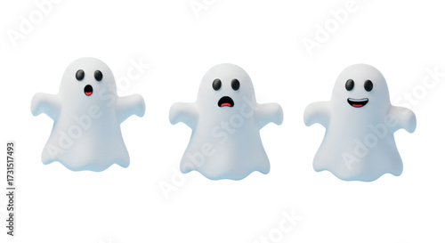 3D ghost vector, playful floating body, pale blue, multiple expressions, front and side tilt angles.
